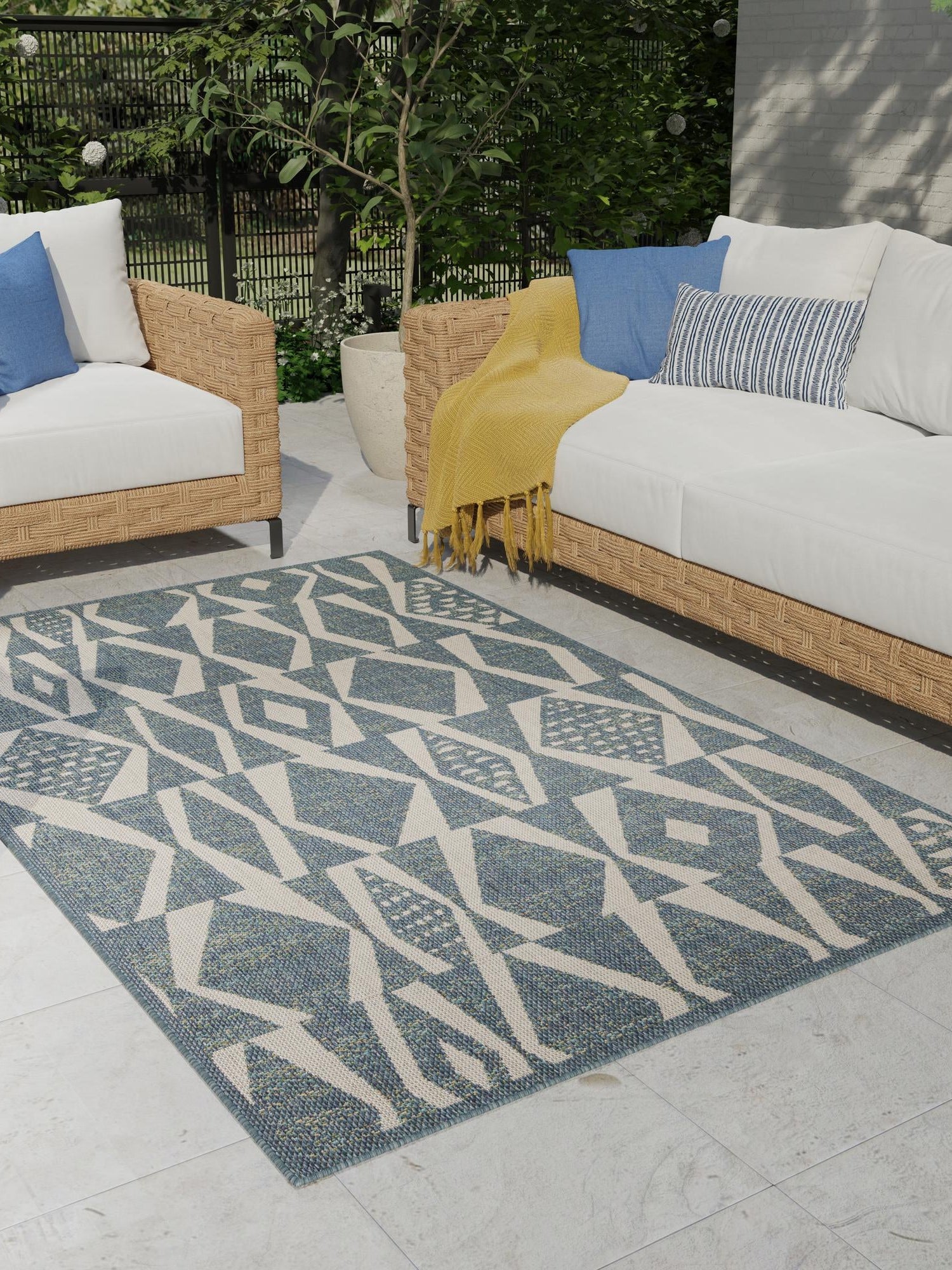 Blue 7' 10 x 10' Baja Outdoor Rectangle Area Rug Weather Resistant for Patio, Deck, Terrace, Balcony, Porch 100% Polypropylene Modern Outside Decor for Sale at Rug Engine