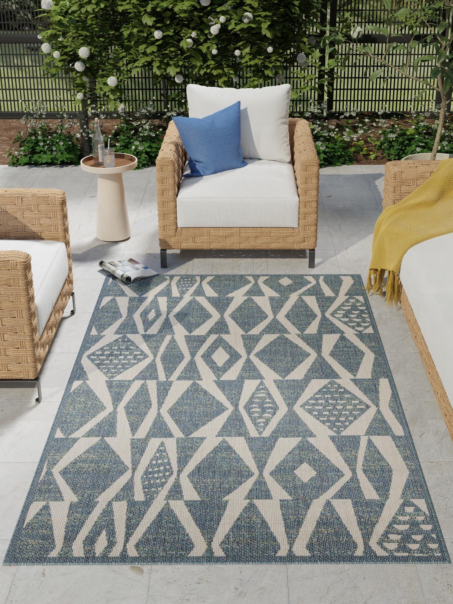 Blue 6' 1 x 9' Baja Outdoor Rectangle Area Rug Weather Resistant for Patio, Deck, Terrace, Balcony, Porch 100% Polypropylene Modern Outside Decor for Sale at Rug Engine