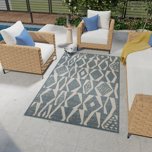 Blue 6' 1 x 9' Baja Outdoor Rectangle Area Rug Weather Resistant for Patio, Deck, Terrace, Balcony, Porch 100% Polypropylene Modern Outside Decor for Sale at Rug Engine