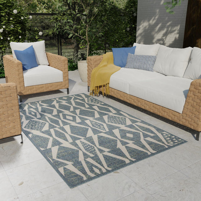 Blue 6' 1 x 9' Baja Outdoor Rectangle Area Rug Weather Resistant for Patio, Deck, Terrace, Balcony, Porch 100% Polypropylene Modern Outside Decor for Sale at Rug Engine