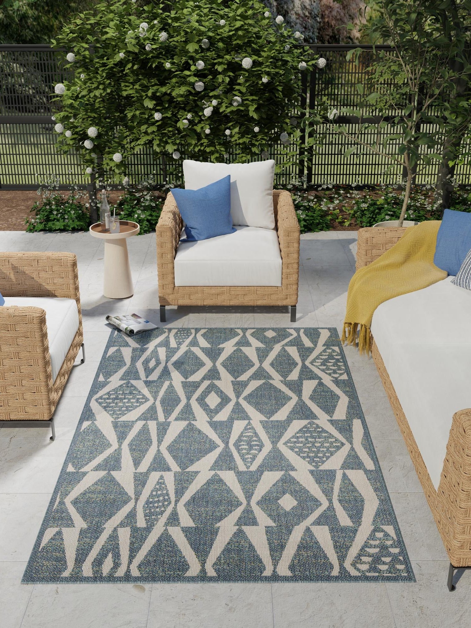 Blue 7' 10 x 10' Baja Outdoor Rectangle Area Rug Weather Resistant for Patio, Deck, Terrace, Balcony, Porch 100% Polypropylene Modern Outside Decor for Sale at Rug Engine