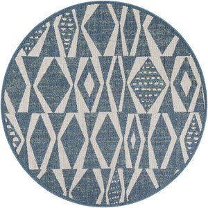 Blue 6' 1 x 6' 1 Baja Outdoor Round Area Rug Weather Resistant for Patio, Deck, Terrace, Balcony, Porch 100% Polypropylene Modern Outside Decor for Sale at Rug Engine