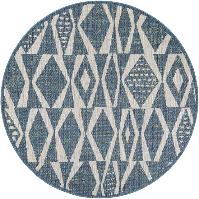 Blue 6' 1 x 6' 1 Baja Outdoor Round Area Rug Weather Resistant for Patio, Deck, Terrace, Balcony, Porch 100% Polypropylene Modern Outside Decor for Sale at Rug Engine