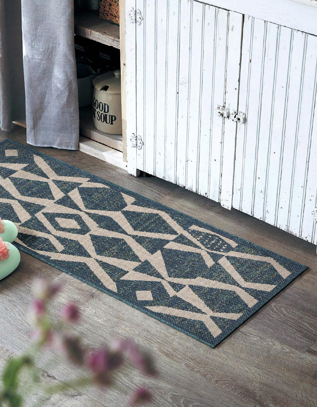 Blue 2' x 8' Baja Outdoor Runner Area Rug Weather Resistant for Patio, Deck, Terrace, Balcony, Porch 100% Polypropylene Modern Outside Decor for Sale at Rug Engine