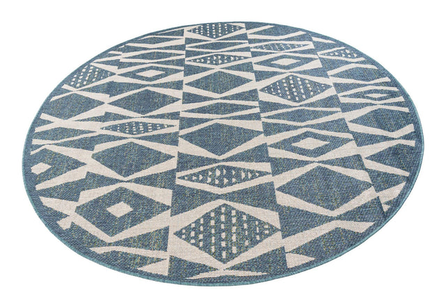 Blue 7' 10 x 7' 10 Baja Outdoor Round Area Rug Weather Resistant for Patio, Deck, Terrace, Balcony, Porch 100% Polypropylene Modern Outside Decor for Sale at Rug Engine