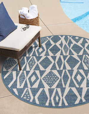 Blue 10' x 10' Baja Outdoor Round Area Rug Weather Resistant for Patio, Deck, Terrace, Balcony, Porch 100% Polypropylene Modern Outside Decor for Sale at Rug Engine