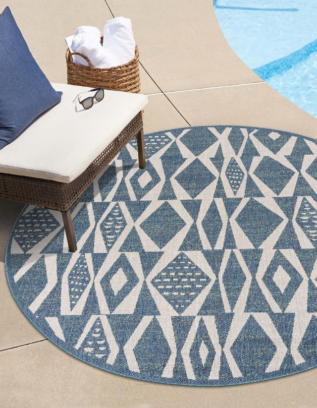 Blue 10' x 10' Baja Outdoor Round Area Rug Weather Resistant for Patio, Deck, Terrace, Balcony, Porch 100% Polypropylene Modern Outside Decor for Sale at Rug Engine