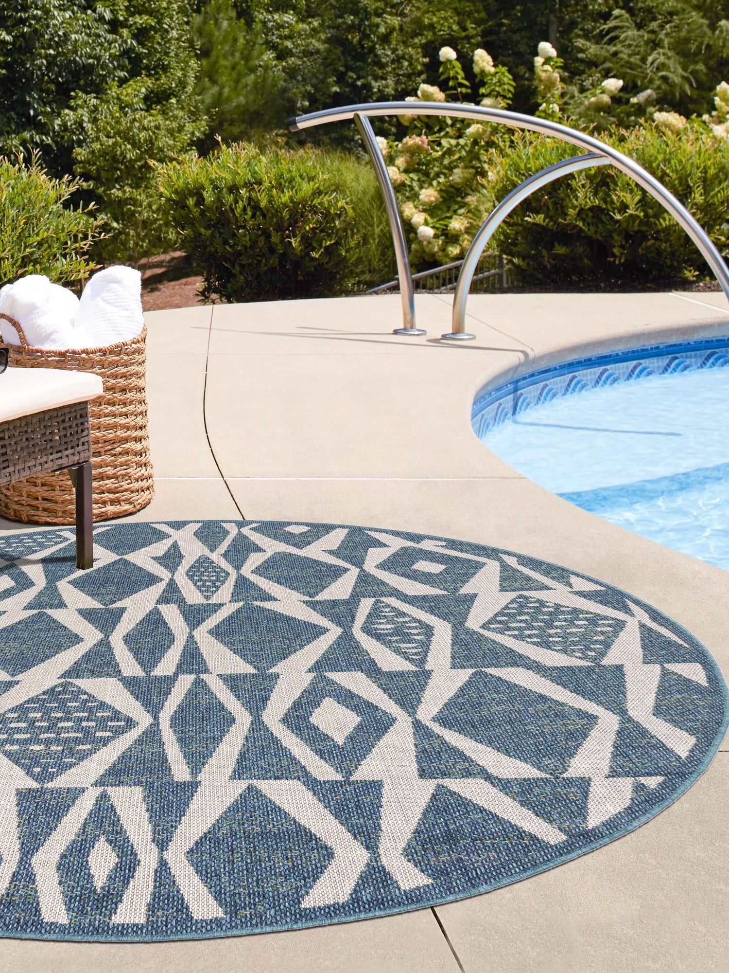 Blue 10' x 10' Baja Outdoor Round Area Rug Weather Resistant for Patio, Deck, Terrace, Balcony, Porch 100% Polypropylene Modern Outside Decor for Sale at Rug Engine