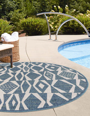 Blue 4' 1 x 4' 1 Baja Outdoor Round Area Rug Weather Resistant for Patio, Deck, Terrace, Balcony, Porch 100% Polypropylene Modern Outside Decor for Sale at Rug Engine