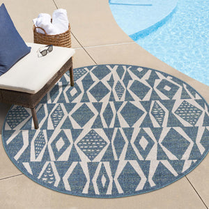 Blue 7' 10 x 7' 10 Baja Outdoor Round Area Rug Weather Resistant for Patio, Deck, Terrace, Balcony, Porch 100% Polypropylene Modern Outside Decor for Sale at Rug Engine