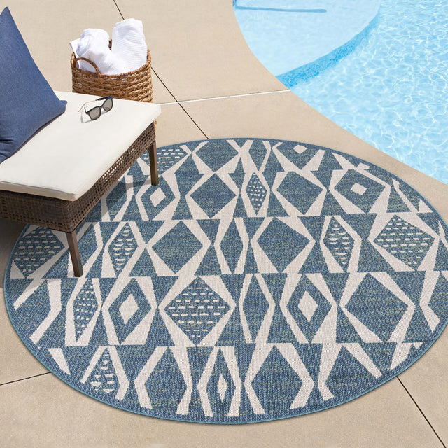 Blue 7' 10 x 7' 10 Baja Outdoor Round Area Rug Weather Resistant for Patio, Deck, Terrace, Balcony, Porch 100% Polypropylene Modern Outside Decor for Sale at Rug Engine