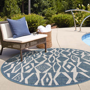 Blue 6' 1 x 6' 1 Baja Outdoor Round Area Rug Weather Resistant for Patio, Deck, Terrace, Balcony, Porch 100% Polypropylene Modern Outside Decor for Sale at Rug Engine