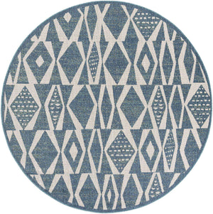 Blue 7' 10 x 7' 10 Baja Outdoor Round Area Rug Weather Resistant for Patio, Deck, Terrace, Balcony, Porch 100% Polypropylene Modern Outside Decor for Sale at Rug Engine