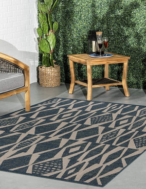 Blue 7' 10 x 7' 10 Baja Outdoor Square Area Rug Weather Resistant for Patio, Deck, Terrace, Balcony, Porch 100% Polypropylene Modern Outside Decor for Sale at Rug Engine