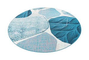 Blue and Ivory 10' x 10' Outdoor Modern Round Area Rug Weather Resistant for Patio, Deck, Terrace, Balcony, Porch 100% Polypropylene Modern Outside Carpet for Sale at Rug Engine
