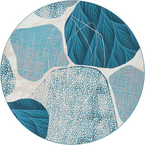 Blue and Ivory 10' x 10' Outdoor Modern Round Area Rug Weather Resistant for Patio, Deck, Terrace, Balcony, Porch 100% Polypropylene Modern Outside Carpet for Sale at Rug Engine
