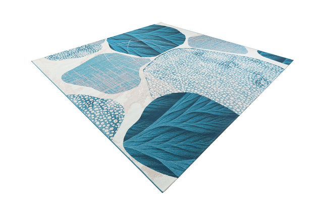 Blue and Ivory 10' x 10' Outdoor Modern Square Area Rug Weather Resistant for Patio, Deck, Terrace, Balcony, Porch 100% Polypropylene Modern Outside Carpet for Sale at Rug Engine