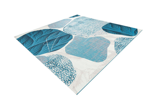 Blue and Ivory 10' x 10' Outdoor Modern Square Area Rug Weather Resistant for Patio, Deck, Terrace, Balcony, Porch 100% Polypropylene Modern Outside Carpet for Sale at Rug Engine