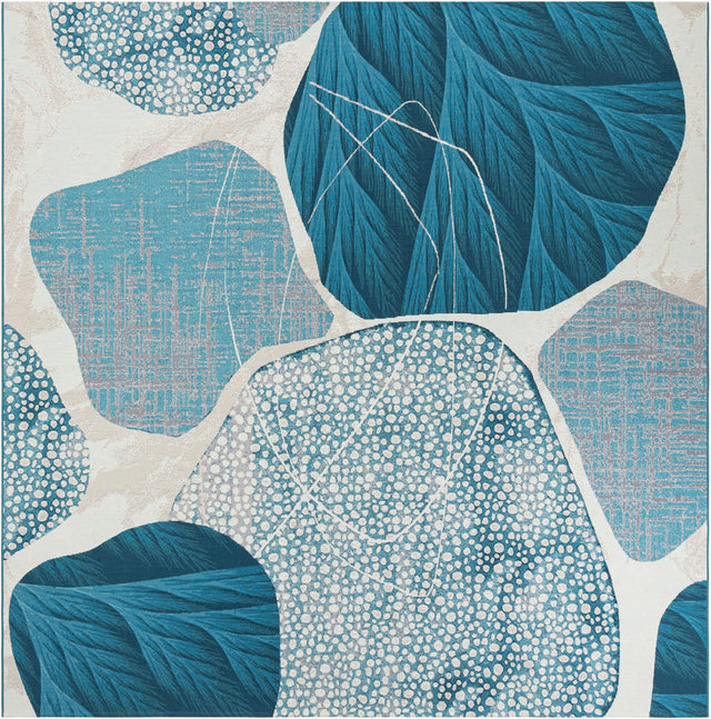 Blue and Ivory 10' x 10' Outdoor Modern Square Area Rug Weather Resistant for Patio, Deck, Terrace, Balcony, Porch 100% Polypropylene Modern Outside Carpet for Sale at Rug Engine