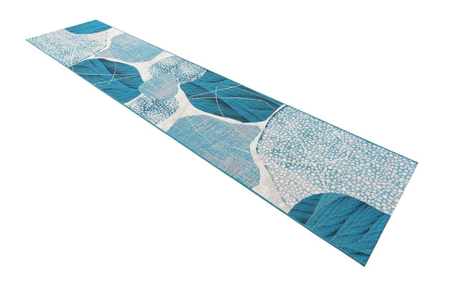 Blue and Ivory 2' 7 x 12' Outdoor Modern Runner Area Rug Weather Resistant for Patio, Deck, Terrace, Balcony, Porch 100% Polypropylene Modern Outside Carpet for Sale at Rug Engine