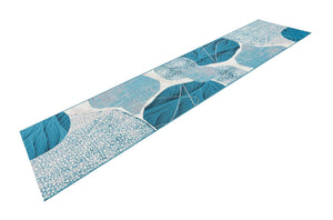 Blue and Ivory 2' 7 x 12' Outdoor Modern Runner Area Rug Weather Resistant for Patio, Deck, Terrace, Balcony, Porch 100% Polypropylene Modern Outside Carpet for Sale at Rug Engine