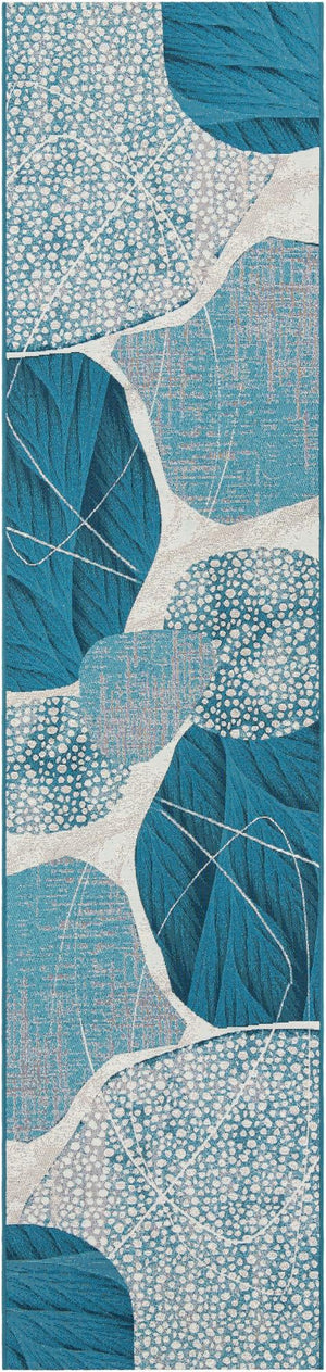 Blue and Ivory 2' 7 x 12' Outdoor Modern Runner Area Rug Weather Resistant for Patio, Deck, Terrace, Balcony, Porch 100% Polypropylene Modern Outside Carpet for Sale at Rug Engine