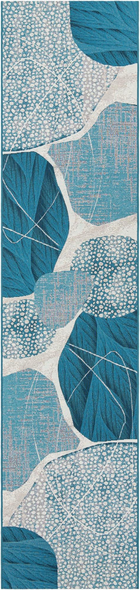 Blue and Ivory 2' 7 x 12' Outdoor Modern Runner Area Rug Weather Resistant for Patio, Deck, Terrace, Balcony, Porch 100% Polypropylene Modern Outside Carpet for Sale at Rug Engine