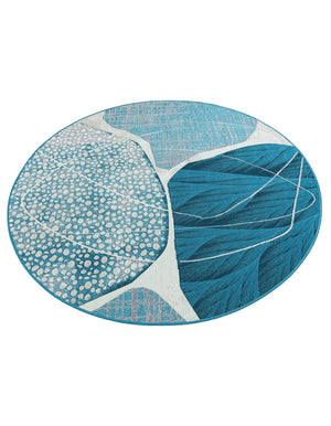 Blue and Ivory 5' 3 x 5' 3 Outdoor Modern Round Area Rug Weather Resistant for Patio, Deck, Terrace, Balcony, Porch 100% Polypropylene Modern Outside Carpet for Sale at Rug Engine