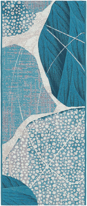 Blue and Ivory 2' x 5' 1 Outdoor Modern Runner Area Rug Weather Resistant for Patio, Deck, Terrace, Balcony, Porch 100% Polypropylene Modern Outside Carpet for Sale at Rug Engine