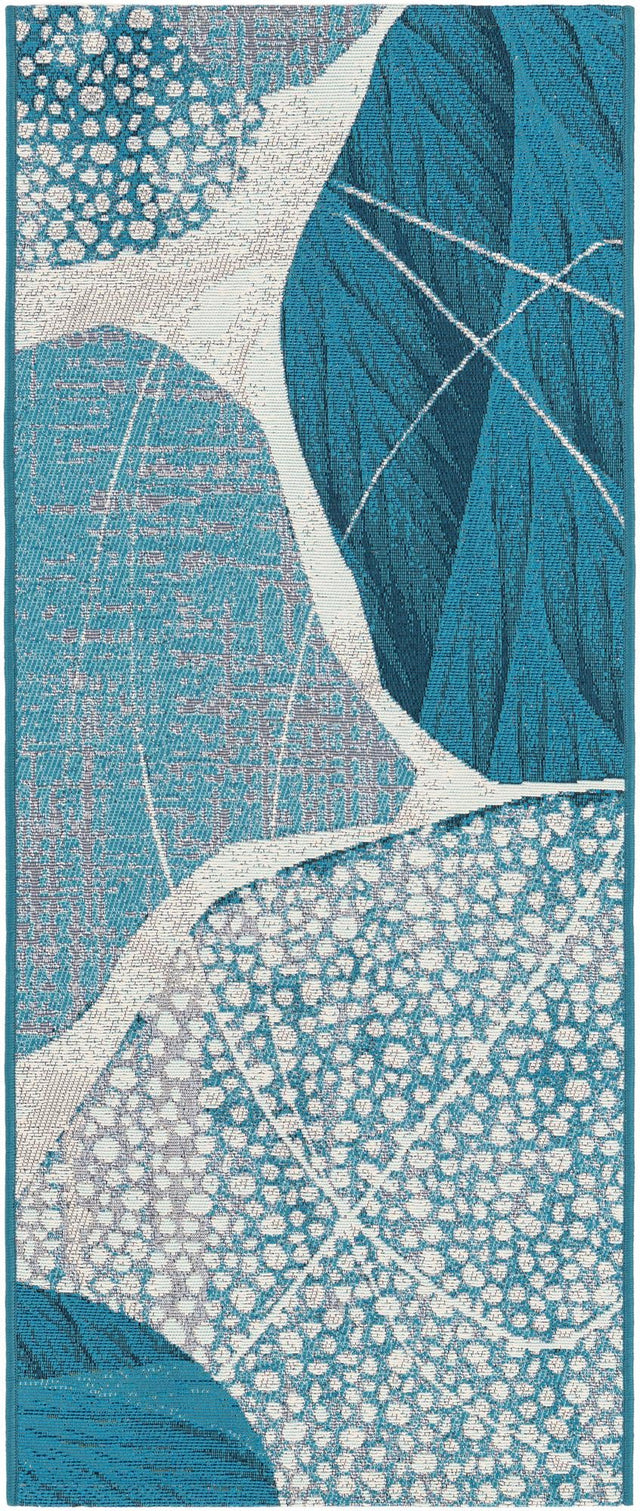 Blue and Ivory 2' x 5' 1 Outdoor Modern Runner Area Rug Weather Resistant for Patio, Deck, Terrace, Balcony, Porch 100% Polypropylene Modern Outside Carpet for Sale at Rug Engine