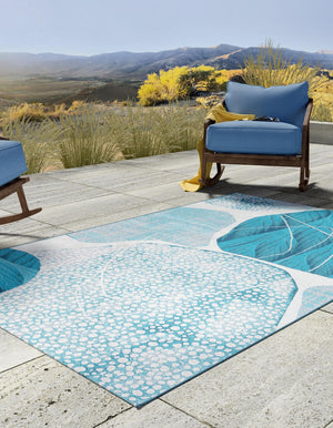 Blue and Ivory 6' 1 x 9' Outdoor Modern Rectangle Area Rug Weather Resistant for Patio, Deck, Terrace, Balcony, Porch 100% Polypropylene Modern Outside Carpet for Sale at Rug Engine