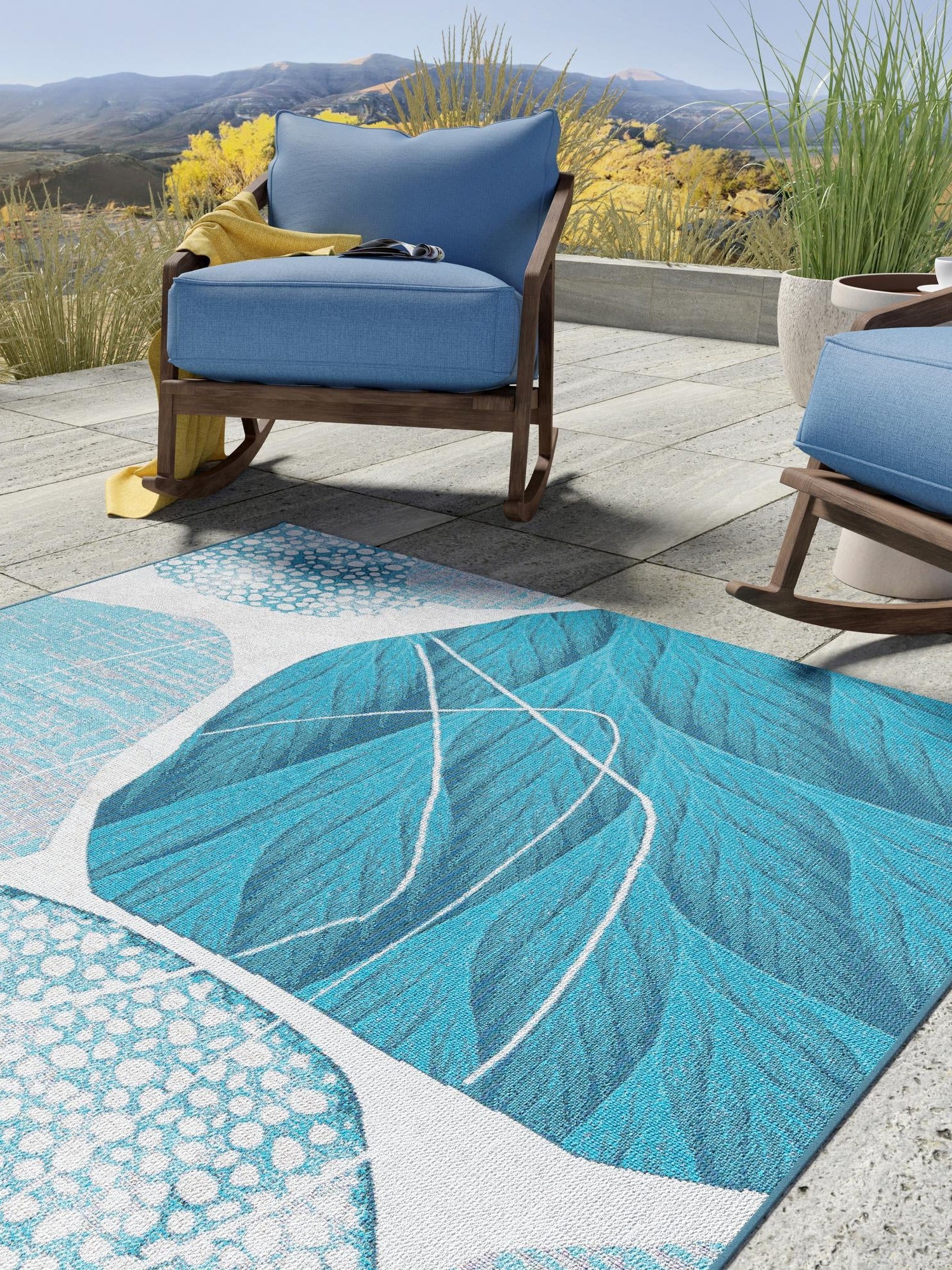 Blue and Ivory 6' 1 x 9' Outdoor Modern Rectangle Area Rug Weather Resistant for Patio, Deck, Terrace, Balcony, Porch 100% Polypropylene Modern Outside Carpet for Sale at Rug Engine