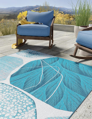 Blue and Ivory 5' 3 x 8' Outdoor Modern Rectangle Area Rug Weather Resistant for Patio, Deck, Terrace, Balcony, Porch 100% Polypropylene Modern Outside Carpet for Sale at Rug Engine