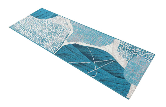 Blue and Ivory 2' x 6' 1 Outdoor Modern Runner Area Rug Weather Resistant for Patio, Deck, Terrace, Balcony, Porch 100% Polypropylene Modern Outside Carpet for Sale at Rug Engine