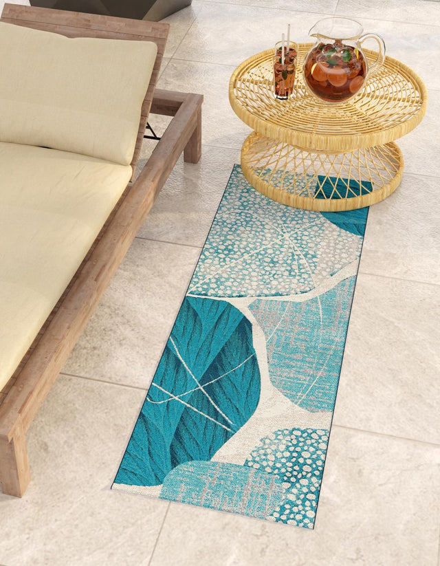 Blue and Ivory 2' x 6' 1 Outdoor Modern Runner Area Rug Weather Resistant for Patio, Deck, Terrace, Balcony, Porch 100% Polypropylene Modern Outside Carpet for Sale at Rug Engine