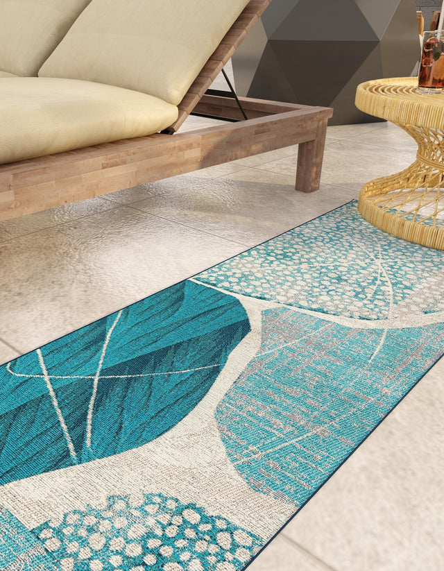 Blue and Ivory 2' x 6' 1 Outdoor Modern Runner Area Rug Weather Resistant for Patio, Deck, Terrace, Balcony, Porch 100% Polypropylene Modern Outside Carpet for Sale at Rug Engine