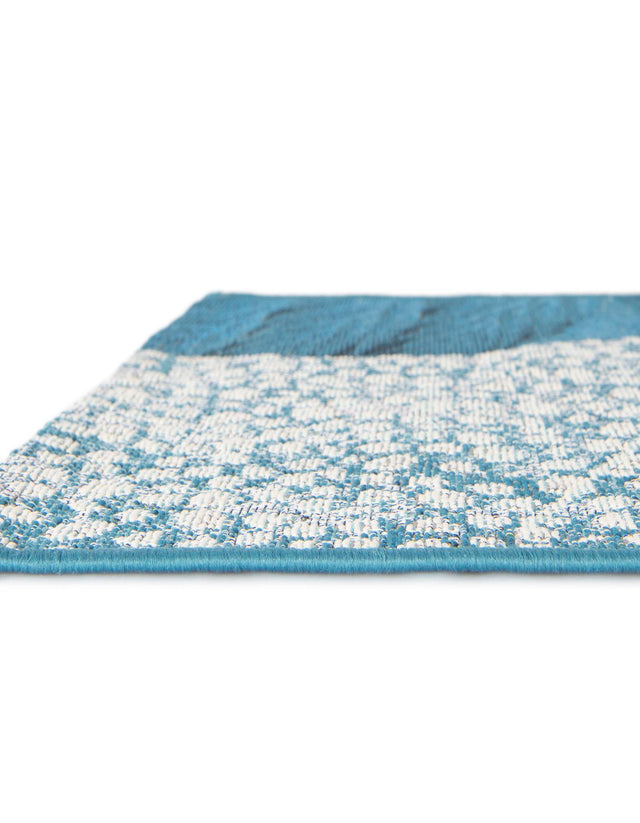 Blue and Ivory 2' 7 x 12' Outdoor Modern Runner Area Rug Weather Resistant for Patio, Deck, Terrace, Balcony, Porch 100% Polypropylene Modern Outside Carpet for Sale at Rug Engine