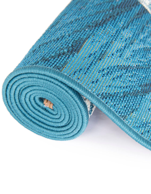 Blue and Ivory 2' x 6' 1 Outdoor Modern Runner Area Rug Weather Resistant for Patio, Deck, Terrace, Balcony, Porch 100% Polypropylene Modern Outside Carpet for Sale at Rug Engine