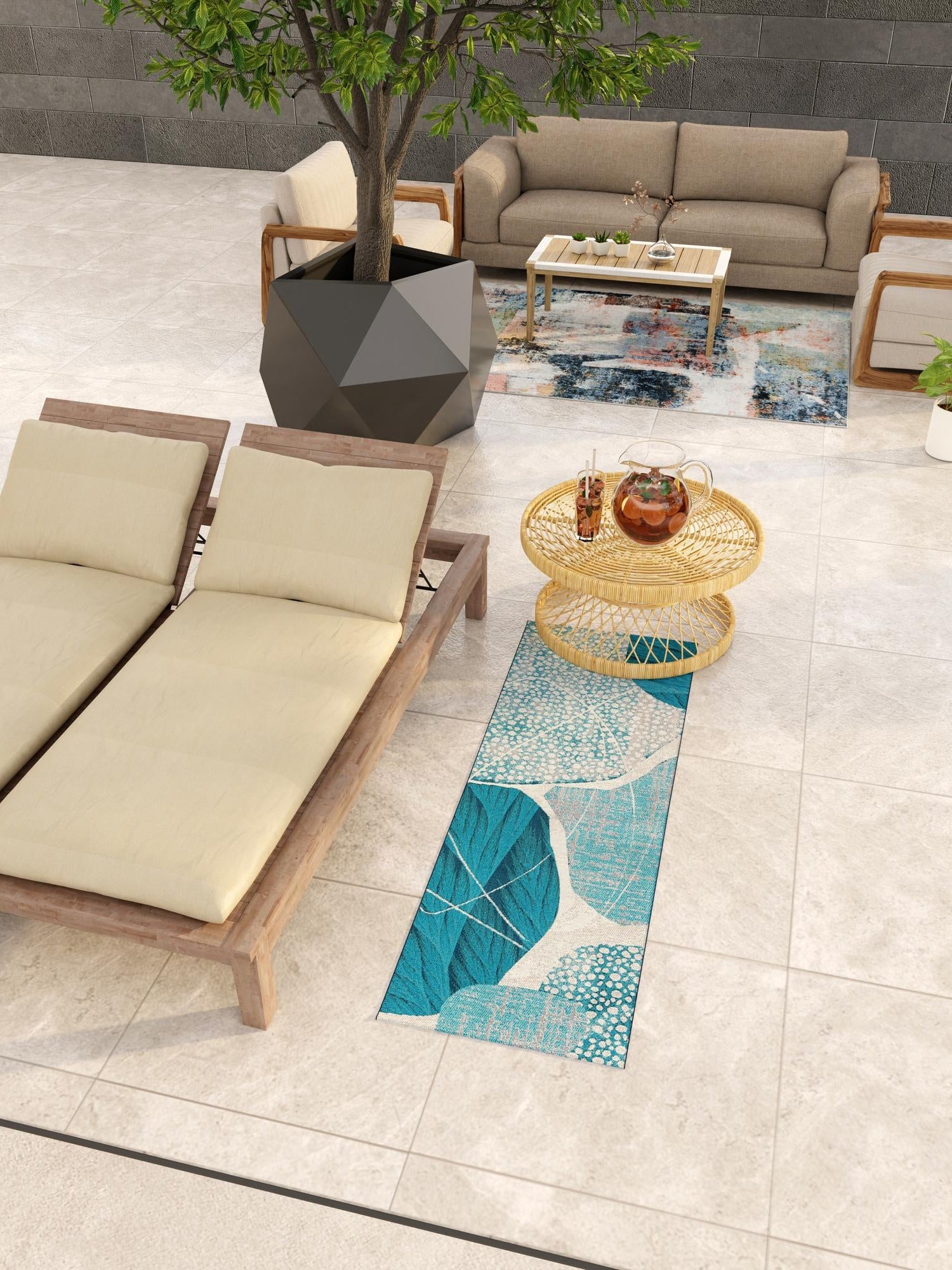 Blue and Ivory 2' x 5' 1 Outdoor Modern Runner Area Rug Weather Resistant for Patio, Deck, Terrace, Balcony, Porch 100% Polypropylene Modern Outside Carpet for Sale at Rug Engine