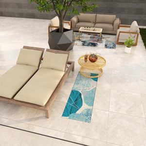 Blue and Ivory 2' x 5' 1 Outdoor Modern Runner Area Rug Weather Resistant for Patio, Deck, Terrace, Balcony, Porch 100% Polypropylene Modern Outside Carpet for Sale at Rug Engine