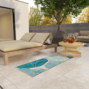 Blue and Ivory 2' x 5' 1 Outdoor Modern Runner Area Rug Weather Resistant for Patio, Deck, Terrace, Balcony, Porch 100% Polypropylene Modern Outside Carpet for Sale at Rug Engine