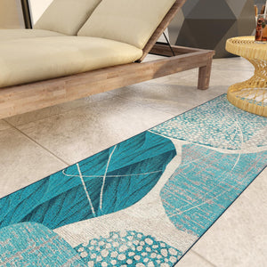 Blue and Ivory 2' 7 x 12' Outdoor Modern Runner Area Rug Weather Resistant for Patio, Deck, Terrace, Balcony, Porch 100% Polypropylene Modern Outside Carpet for Sale at Rug Engine