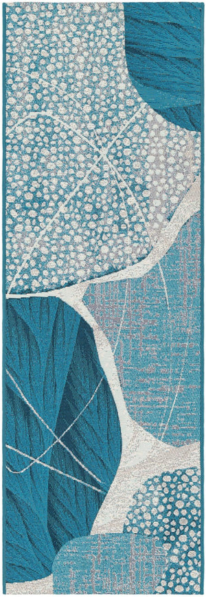 Blue and Ivory 2' x 6' 1 Outdoor Modern Runner Area Rug Weather Resistant for Patio, Deck, Terrace, Balcony, Porch 100% Polypropylene Modern Outside Carpet for Sale at Rug Engine