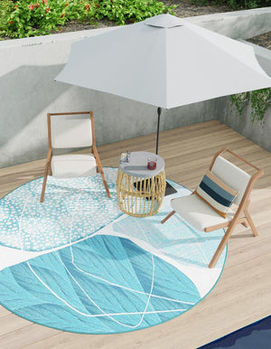 Blue and Ivory 7' 10 x 7' 10 Outdoor Modern Round Area Rug Weather Resistant for Patio, Deck, Terrace, Balcony, Porch 100% Polypropylene Modern Outside Carpet for Sale at Rug Engine