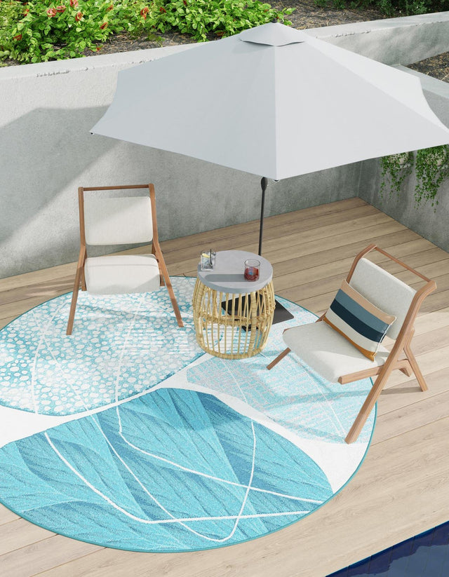 Blue and Ivory 7' 10 x 7' 10 Outdoor Modern Round Area Rug Weather Resistant for Patio, Deck, Terrace, Balcony, Porch 100% Polypropylene Modern Outside Carpet for Sale at Rug Engine