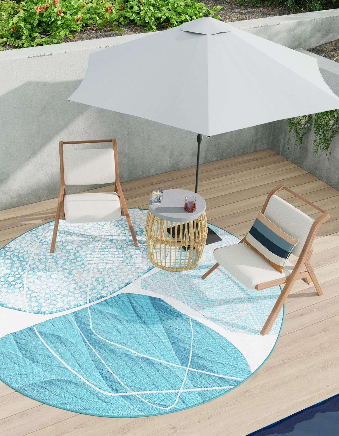 Blue and Ivory 10' x 10' Outdoor Modern Round Area Rug Weather Resistant for Patio, Deck, Terrace, Balcony, Porch 100% Polypropylene Modern Outside Carpet for Sale at Rug Engine