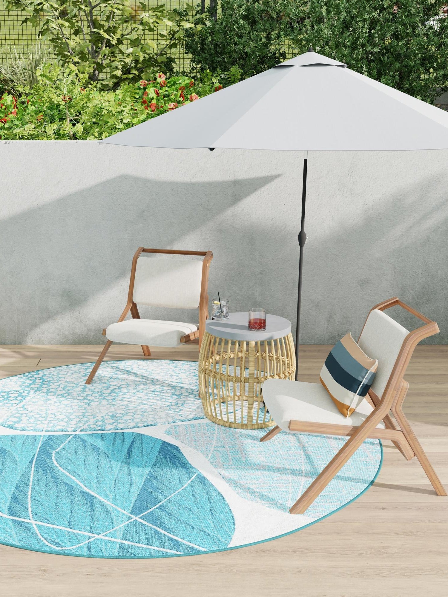 Blue and Ivory 4' 1 x 4' 1 Outdoor Modern Round Area Rug Weather Resistant for Patio, Deck, Terrace, Balcony, Porch 100% Polypropylene Modern Outside Carpet for Sale at Rug Engine