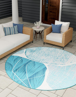 Blue and Ivory 10' x 10' Outdoor Modern Round Area Rug Weather Resistant for Patio, Deck, Terrace, Balcony, Porch 100% Polypropylene Modern Outside Carpet for Sale at Rug Engine