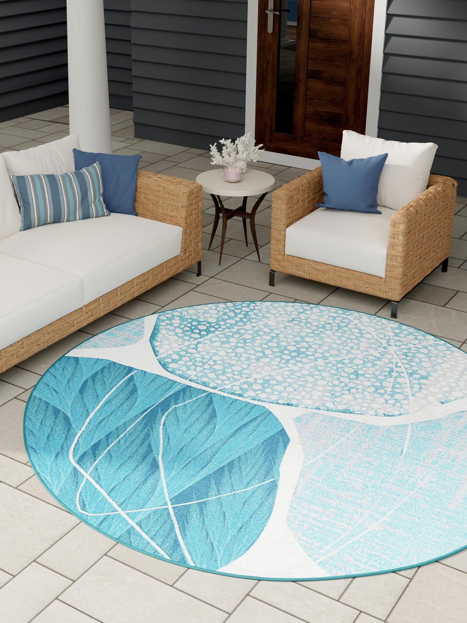 Blue and Ivory 4' 1 x 4' 1 Outdoor Modern Round Area Rug Weather Resistant for Patio, Deck, Terrace, Balcony, Porch 100% Polypropylene Modern Outside Carpet for Sale at Rug Engine