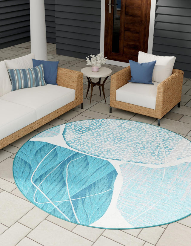 Blue and Ivory 5' 3 x 5' 3 Outdoor Modern Round Area Rug Weather Resistant for Patio, Deck, Terrace, Balcony, Porch 100% Polypropylene Modern Outside Carpet for Sale at Rug Engine